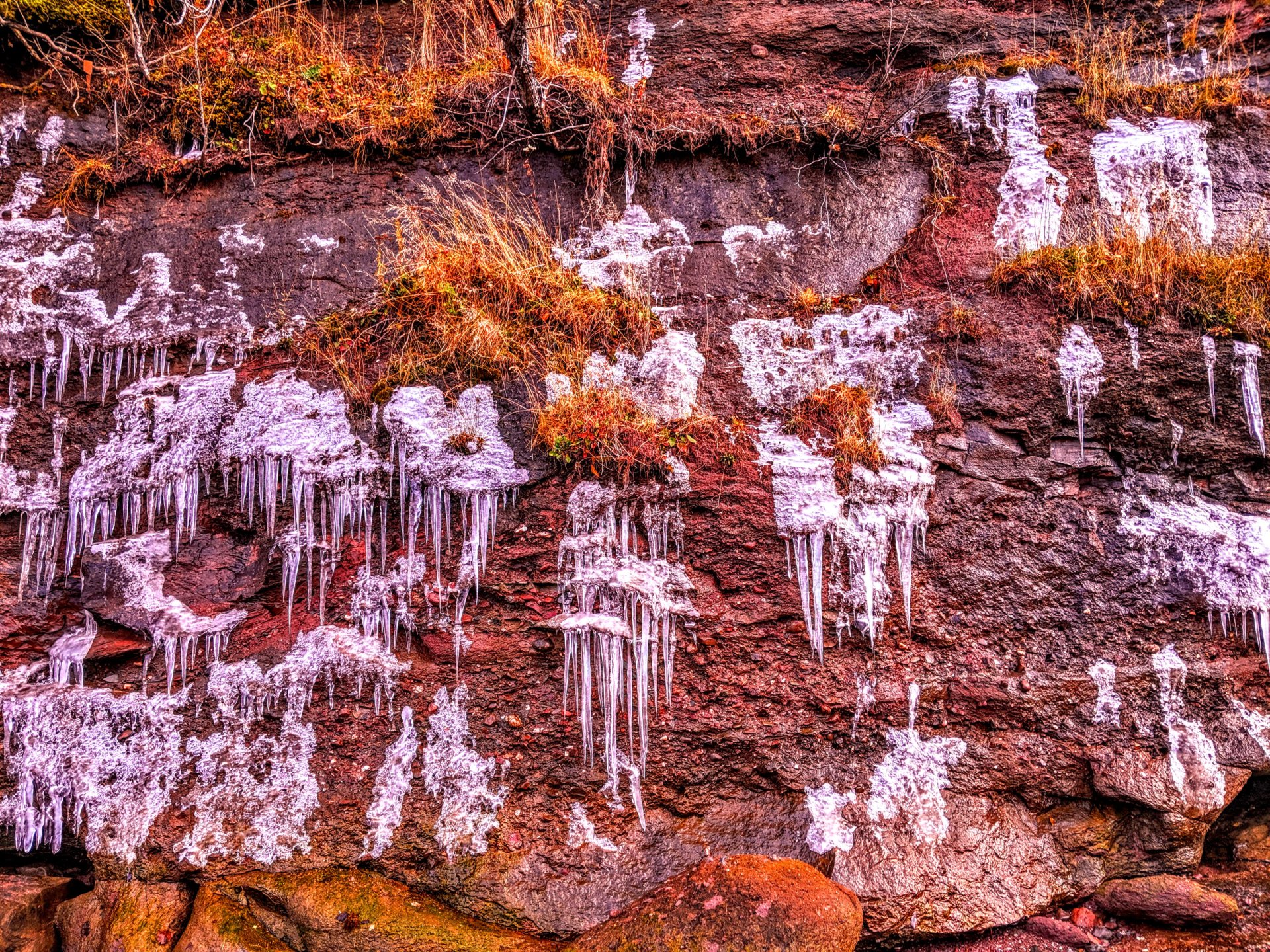 Icicles on rock on the bay in Perry Maine, Lewis's cove Nov. 2019